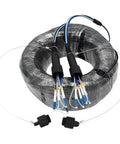 No Nonsense Heavy Duty 300 Meter Fiber Optic Patch Cord Featuring 8 Core FC To FC Connectors Waterproof TPU Jacket, rolled with connectors.