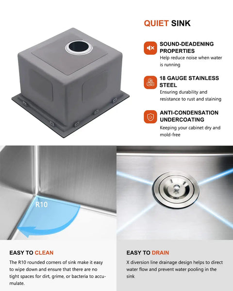 Compact Stainless Steel Undermount Kitchen Sink 15 By 17 Inches with sound-deadening and anti-condensation features