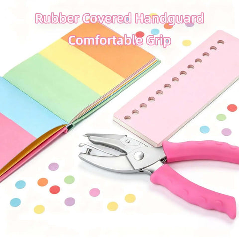 2 Pack One Quarter Inch Hole Punch With Pink Soft Grip shown alongside paper samples and circles for crafts