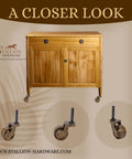 Heavy Duty Antique Brass Replacement Caster Wheels Smooth As Butter Rolling For Furniture Set Of Four visible on a wooden cabinet.