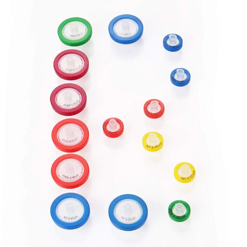 Assorted syringe filters including Nylon Syringe Filters 25mm Diameter 0.22 Micron Pore Size Non Sterile 100 Pack displayed.