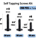 Black Self Tapping And Self Drilling Sheet Metal Screws Set For DIY Projects, 410 Stainless Steel 200 Pcs Assortment Kit