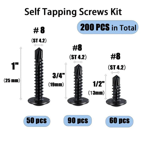 Black Self Tapping And Self Drilling Sheet Metal Screws Set For DIY Projects, 410 Stainless Steel 200 Pcs Assortment Kit