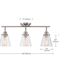 Vintage Inspired Dope Brushed Nickel Three Light Track Lighting With Pivoting Heads And Clear Glass Shades For Industrial Farmhouse Coastal Spaces Bulb Not Included, with dimensions labeled