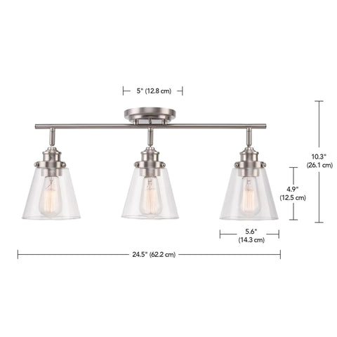Vintage Inspired Dope Brushed Nickel Three Light Track Lighting With Pivoting Heads And Clear Glass Shades For Industrial Farmhouse Coastal Spaces Bulb Not Included, with dimensions labeled