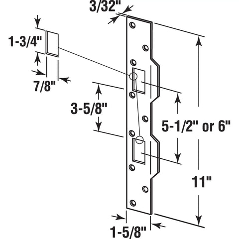 Diagram of Heavy Duty One Piece Door Strike Plate For Five And A Half Inch And Six Inch Hole Spacing Replaces Latch And Deadbolt Strikes