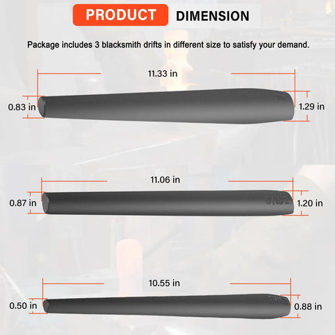 Pro Grade Drift Kit For Forging Hammer Eye Holes Eye Drift Tool Set 3 Pack dimensions shown in inches.