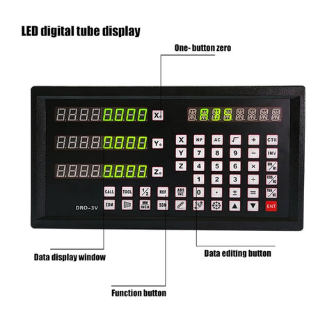 Boss Level DRO 3V Digital Readout front panel with LED display and function buttons for precise milling measurements.