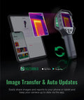 Tablet screen next to a thermal imaging camera with app transfer feature showcasing thermal images and connectivity options.