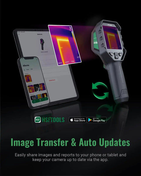 Tablet screen next to a thermal imaging camera with app transfer feature showcasing thermal images and connectivity options.