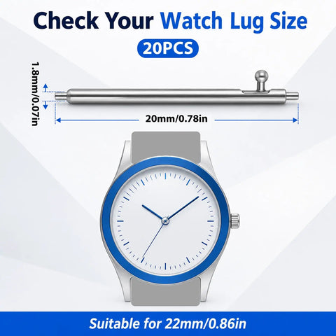 20mm Quick Release Watch Pins Kit Stainless Steel Spring Bars for Watches 20 Pack Replacement Band Pins size guide.