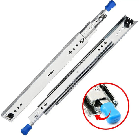 Beefy Heavy Duty 10 To 50 Inch Ball Bearing Three Fold Full Extension Drawer Slides With Lock For Smooth Quiet Operation Rust Resistant Electroplated And Powder Coated Finish Ideal For Cabinets And Heavy Load Drawers, 18 inch steel slides