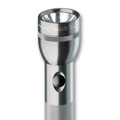 Tough As Nails Heavy Duty 3 Cell C Battery Flashlight With Bright Incandescent Bulb And No Nonsense Fail Safe Switch Built Like A Workhorse For Every Outdoors Project In Black, showing bright lens and aluminum body.