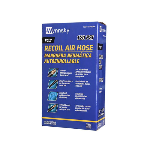 Heavy Duty Polyurethane Coiled Air Compressor Hose 25 Foot Kink Free Flex Rig Sweet For Tight Garage Corners package showing details and features.