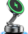 MagSafe Car Mount Charger With 15W Fast Wireless Charging Magnetic Phone Holder on stand showing vacuum suction mechanism.