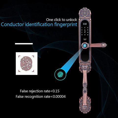 Hella Secure Electronic Keypad Deadbolt With Keyless Entry Door Lock displayed with fingerprint scanning feature and ornate design.