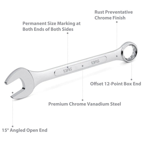 Close-up of a single wrench from the 13 Piece SAE Combination Wrench Set With Roll Up Pouch No Skipped Inch Sizes From Quarter Inch To One Inch.