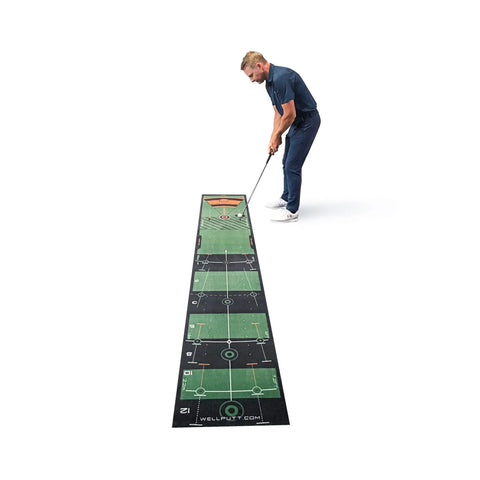 Golfer practicing on a 10-foot golf putting training mat, classic green, with alignment aids and stroke rhythm tools for home simulation.