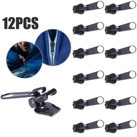 Complete 12 Piece Black Zip Puller Repair Kit With 3 Slider Sizes For Jackets, Luggage, And Backpacks shown with 12 pullers.