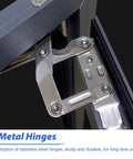 Detail of stainless steel metal hinges for secure installation, durable and sturdy for long-term use.