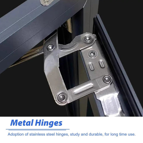 Detail of stainless steel metal hinges for secure installation, durable and sturdy for long-term use.