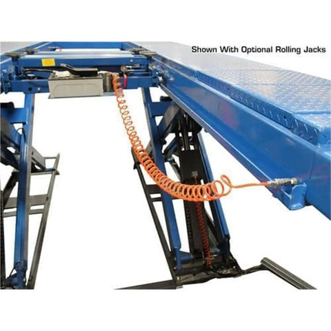 Px16a Scissor Alignment Lift And RJ8 Rolling Jacks Combo showing steel frame and orange air hose for hydraulic lifting.