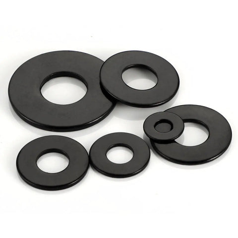 50 Pack Five Sixteenth Inch Black Flat Washers, Seven Eighths Inch Outer Diameter, One Sixteenth Inch Thick, 304 Stainless Steel Hardware Washers for Screws and Bolts, Corrosion Resistant, High Temp Durable Fastener Washers, shown in assorted sizes