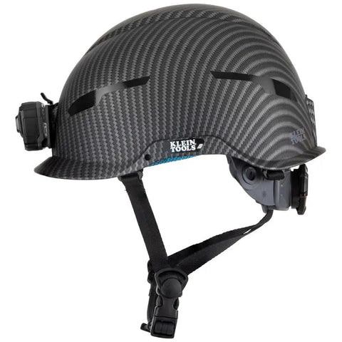 Non-Vented Class E Safety Helmet With Rechargeable Lamp And Chin Strap KARBN Pattern, Tested Up To 20kV, ANSI Z89.1 CSA Z94.1 EN397 Compliant, Durable PC/ABS Build, Hydro-Dipped Modern Worksite Protection Built Tough side view.