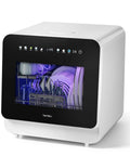No Sweat Compact Countertop Dishwasher For Apartments Dorms And Rv With Five Place Setting Capacity showing clean dishes inside.