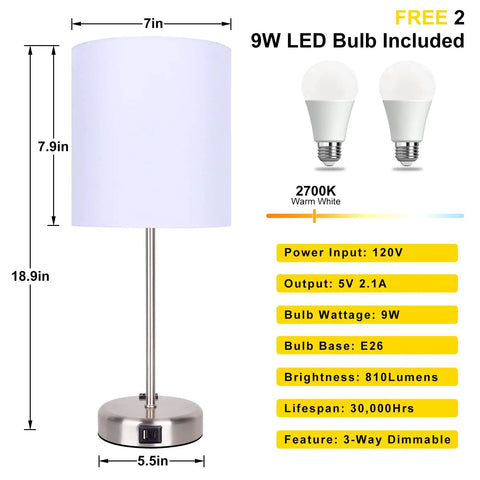 Set Of Two Bedside Lamps With Easy Tap Control 3 Way Dimmable USB A And USB C Charging Ports E26 LED Bulbs Included diagram
