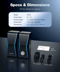 Specs and dimensions of Dope Hi Fi PC Speakers With Bluetooth 5.0 And 3.5mm AUX Input, 14W RMS Desktop Speaker System with accessories.