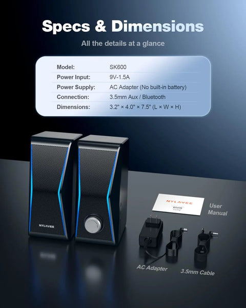 Specs and dimensions of Dope Hi Fi PC Speakers With Bluetooth 5.0 And 3.5mm AUX Input, 14W RMS Desktop Speaker System with accessories.