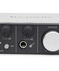 Front view of USB Audio Interface for Mac, PC, and iPad With XLR Mic Preamps, 48V Phantom Power, Guitar Input, plug-and-play design.