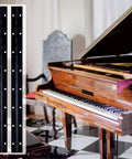 Heavy Duty Black Piano Hinges 14 Inch, Solid Stainless Steel 304 Continuous Door Hardware, showcased by a piano backdrop.