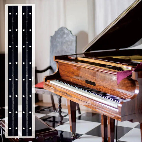 Heavy Duty Black Piano Hinges 14 Inch, Solid Stainless Steel 304 Continuous Door Hardware, showcased by a piano backdrop.