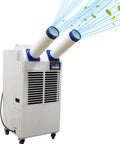 Industrial Portable Air Conditioner Delivers Badass 18700 BTU Cooling Power And Crushes Blistering Heat Like A Champ With 950 Cubic Meter Airflow And A Roomy 14 Liter Tank For Seamless Indoor Or Outdoor Use with dual air hoses.