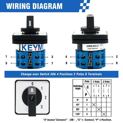 Wiring diagram of Heavy Duty 20A Rotary Changeover Switch 660V With 4 Positions 2 Poles 8 Terminals Universal Selector Switch.