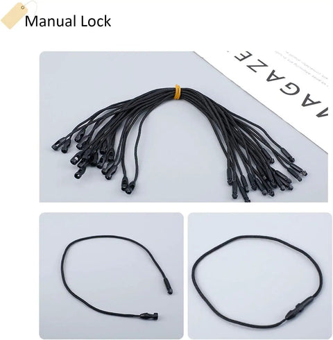 Premium Black Nylon Hang Tag Strings Featuring Slick Snap Lock Fasteners That Keep Your Apparel Pricing Secure Without Any Extra Hustle During Busy Retail Floors Or Weekend Maker Fests, bunch of cords.