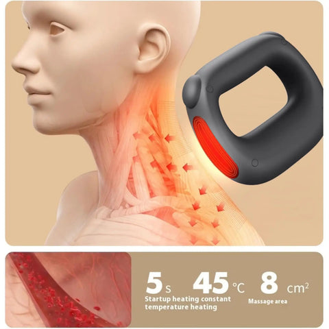 Heated Percussion Massage Gun With Adjustable Heat Intensity targeting neck muscles in anatomical illustration
