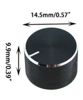 Six Pack Black Aluminum Potentiometer Knobs Knurled 6mm Shaft Diameter 10x15mm showing measurements for Audio Gear