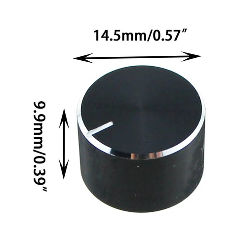 Six Pack Black Aluminum Potentiometer Knobs Knurled 6mm Shaft Diameter 10x15mm showing measurements for Audio Gear