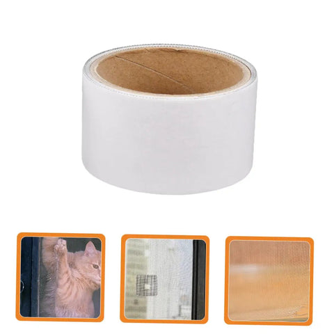 One Roll Window Screen Repair Tape With Tough Adhesive For Quick Patch Of Tears And Holes In Mesh Screens Windows And Doors Durable Net Tape For Easy DIY Fixes And Home Repairs shown with cat and mesh repair examples