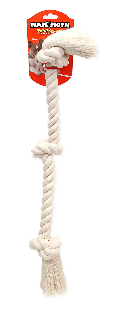 100 Percent Cotton White Rope Tug Toy For Dogs Large 25 Inch 3 Knot Tug Rope Ideal For Interactive Play Tug Of War Chew Sessions And Fetch Durable And Safe For Aggressive Chewers Great For Outdoor Or Indoor Play And Bonding hanging on display