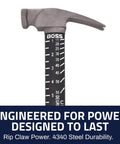 Ti64 Titanium Power Hammer 12 Oz Construction Grade With Tough Fiber Shock Absorbing Fiberglass Handle No Slip Grip Milled Face Made In USA Heavy Duty Driving Tool For Pros with rip claw design, showcasing measurement markings on handle, close-up view.