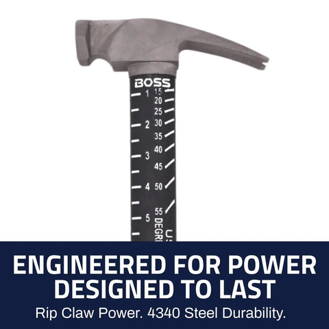 Ti64 Titanium Power Hammer 12 Oz Construction Grade With Tough Fiber Shock Absorbing Fiberglass Handle No Slip Grip Milled Face Made In USA Heavy Duty Driving Tool For Pros with rip claw design, showcasing measurement markings on handle, close-up view.