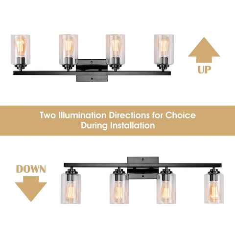 4 Light Black Vanity Wall Sconce With Clear Glass Shades, Vintage Industrial Style Over Mirror Light for dual installation