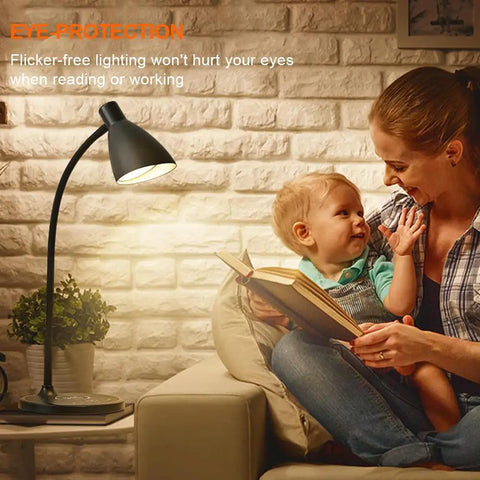 Gooseneck Desk Lamp with Wireless Charger and USB Port, 12W 1200 Lumens Eye Care LED Reading Light next to mother and child reading.