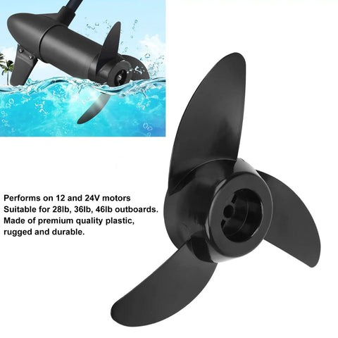 Three Blade Trolling Motor Propeller Replacement for 28Lb 36Lb 46Lb Outboard Motors, 12V 24V, Premium Plastic, Weed Resistant Design, Includes Prop Pin and Nut for Easy Install