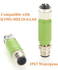 M12 D Code Male To X Code Female Industrial Ethernet Inline Adapter IP67 waterproof Cat5e connector, set of 2, front and side view