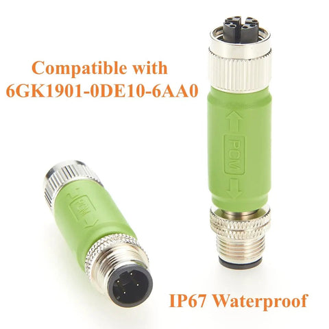 M12 D Code Male To X Code Female Industrial Ethernet Inline Adapter IP67 waterproof Cat5e connector, set of 2, front and side view